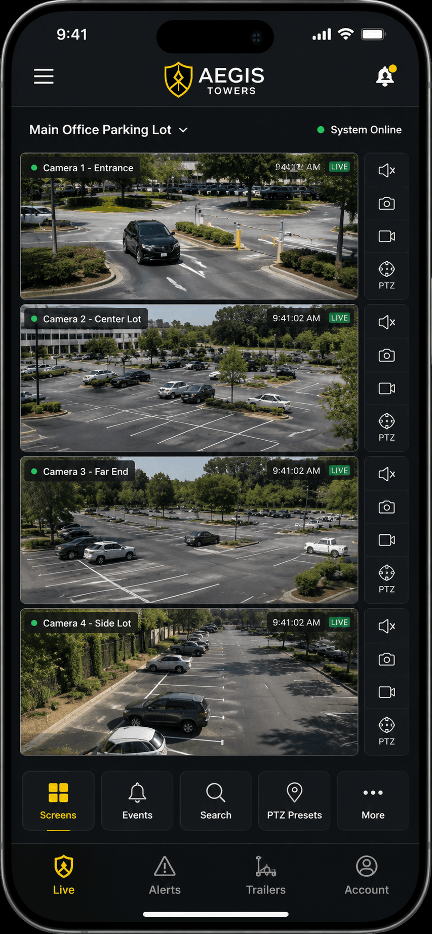Aegis mobile app showing four live security camera feeds