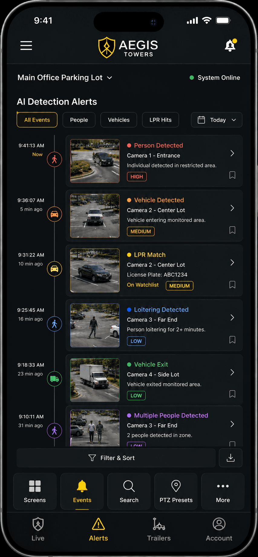 Aegis app timeline of AI person, vehicle, and license plate alerts