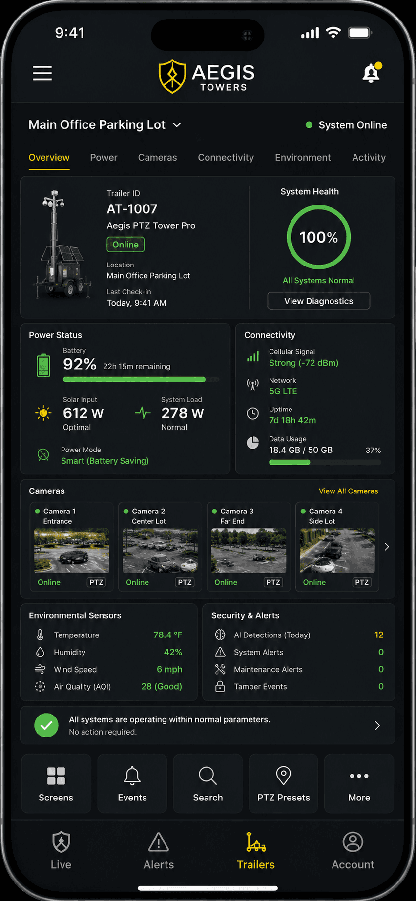 Aegis app tower health overview showing connectivity, cameras, sensors, and battery