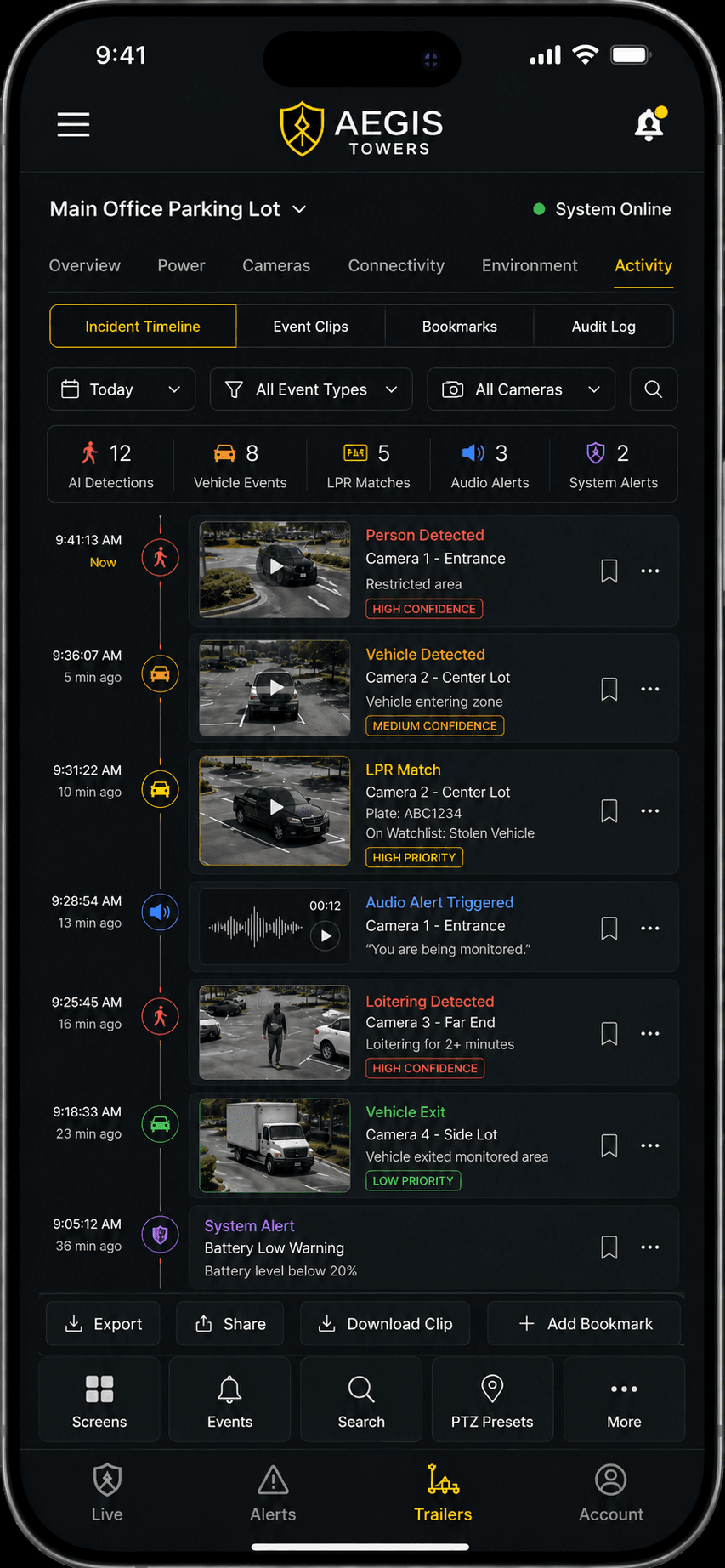 Aegis app incident timeline with event clips and export controls