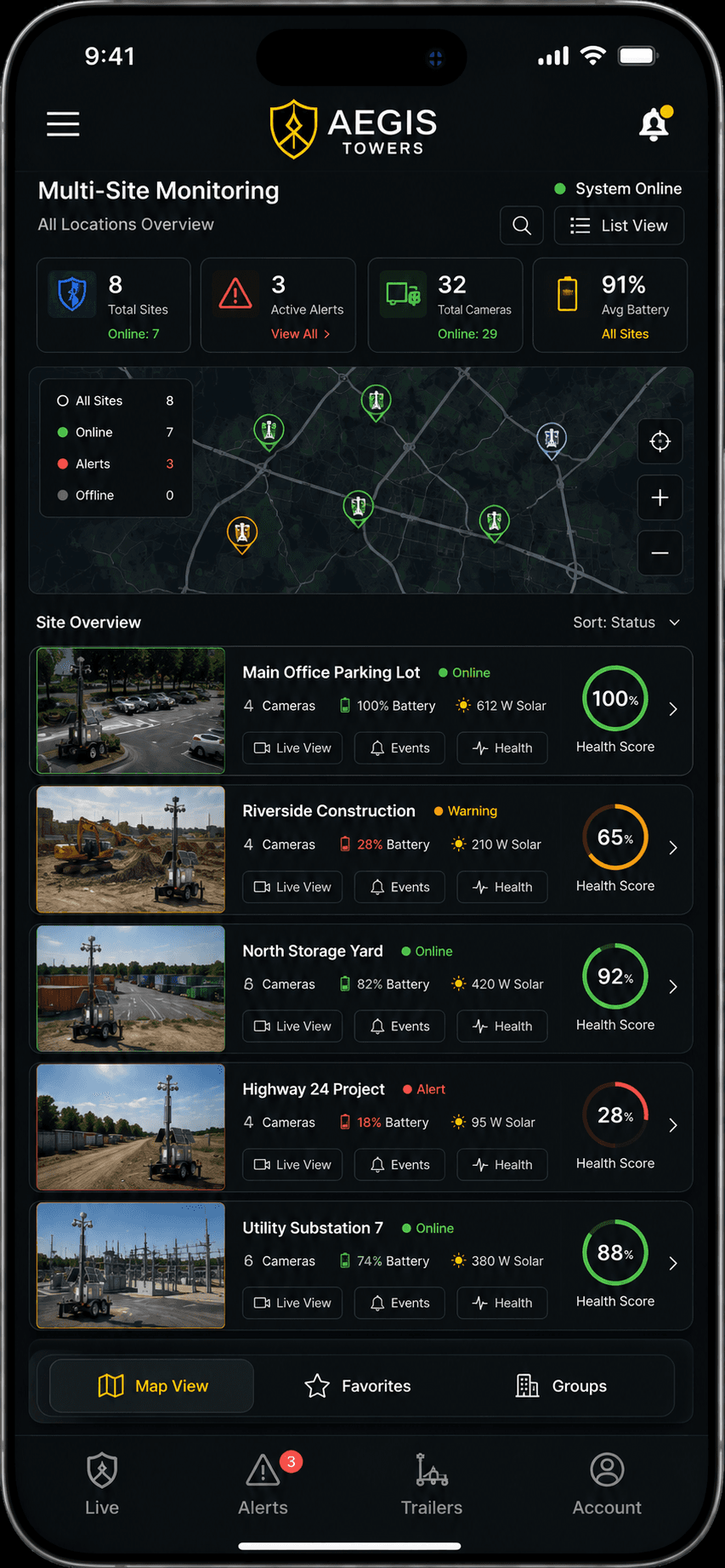 Aegis app multi-site monitoring map with tower health and alert status