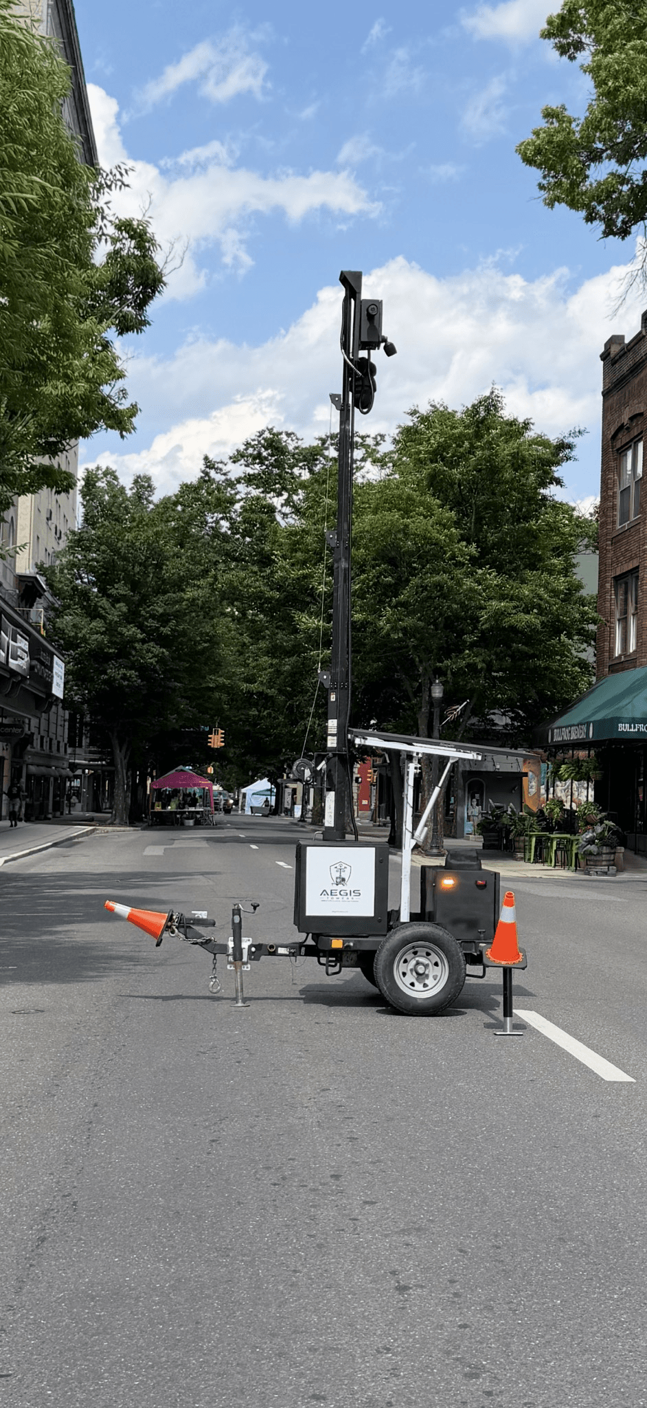Aegis mobile surveillance trailer on a downtown Williamsport street