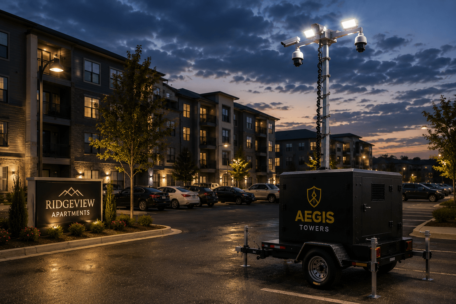 Mobile security trailer for commercial property coverage